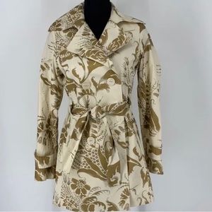 CAbi Wimbledon Cotton Linen Floral Trench Coat XS Cream/Brown fully lined